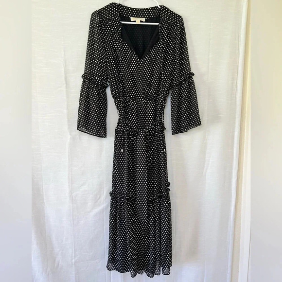 MICHAEL KORS Tiered Polka Dot Chiffon MIDI Dress Black - Picture 3 of 9